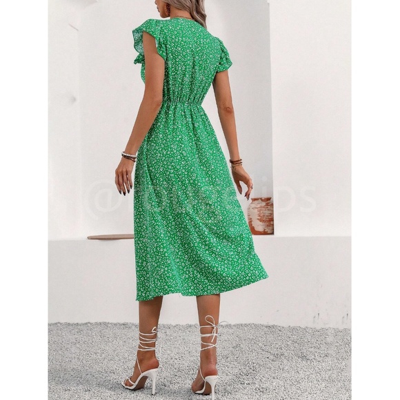 Boho Green Floral V Neck Ruffle Hem Midi Length, A Line Button Up Dress - Picture 4 of 7